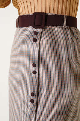 	 Düğme Süslemeli Mini Kare Etek Kahve - Uzun Etek