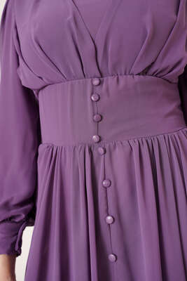 Düğme Süslemeli Şifon Elbise Lila - Thumbnail