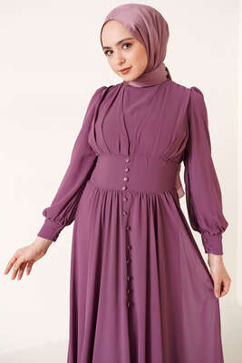 Düğme Süslemeli Şifon Elbise Magenta - Thumbnail