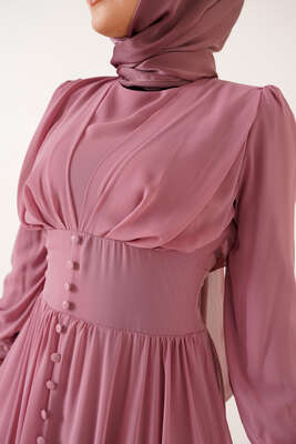 Düğme Süslemeli Şifon Elbise Pudra - Thumbnail