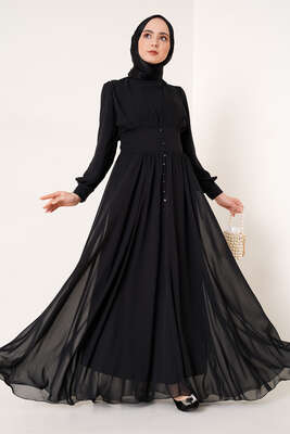 Düğme Süslemeli Şifon Elbise Siyah - Thumbnail