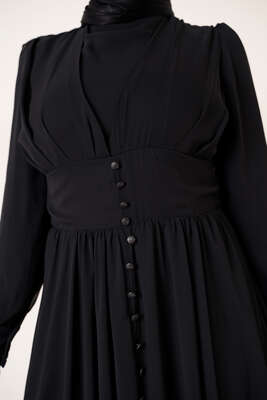 Düğme Süslemeli Şifon Elbise Siyah - Thumbnail