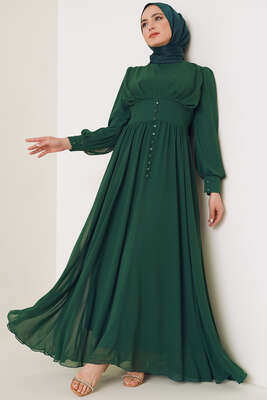 Düğme Süslemeli Şifon Elbise Zümrüt Yeşili - Thumbnail