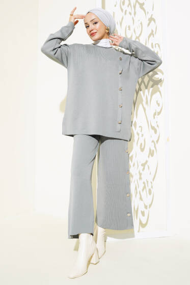 Düğme Süslemeli Triko İkili Takım Gri - İkili Takım