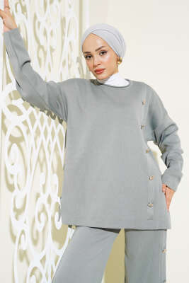 Düğme Süslemeli Triko İkili Takım Gri - Triko İkili Takım