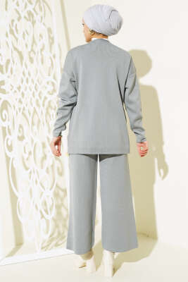 Düğme Süslemeli Triko İkili Takım Gri - Triko İkili Takım