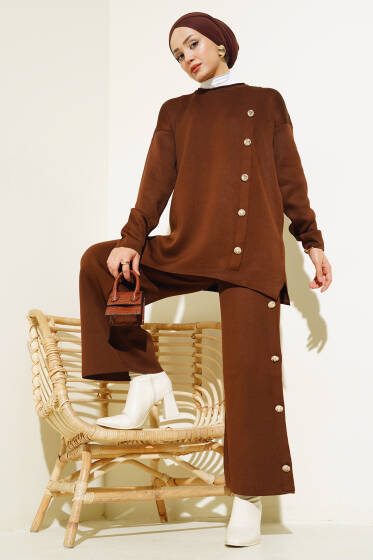 Düğme Süslemeli Triko İkili Takım Kahve - İkili Takım