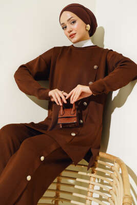 Düğme Süslemeli Triko İkili Takım Kahve - Triko İkili Takım
