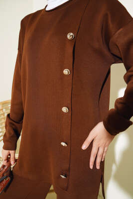 Düğme Süslemeli Triko İkili Takım Kahve - Triko İkili Takım