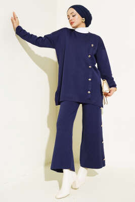 Düğme Süslemeli Triko İkili Takım Lacivert 