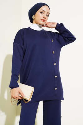 Düğme Süslemeli Triko İkili Takım Lacivert - Triko İkili Takım