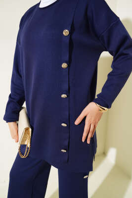 Düğme Süslemeli Triko İkili Takım Lacivert - Triko İkili Takım