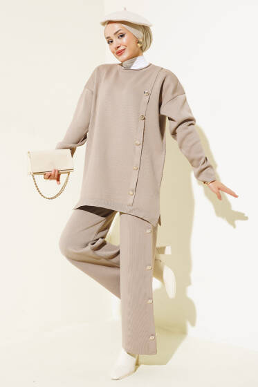 Düğme Süslemeli Triko İkili Takım Latte - İkili Takım