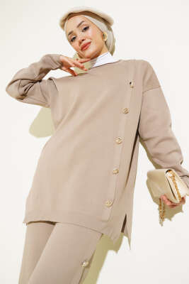 Düğme Süslemeli Triko İkili Takım Latte - Triko İkili Takım
