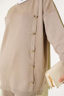 Düğme Süslemeli Triko İkili Takım Latte - Triko İkili Takım