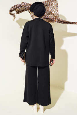 Düğme Süslemeli Triko İkili Takım Siyah - Triko İkili Takım