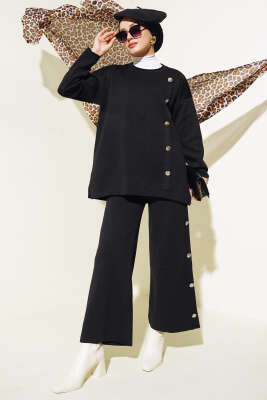 Düğme Süslemeli Triko İkili Takım Siyah - Triko İkili Takım