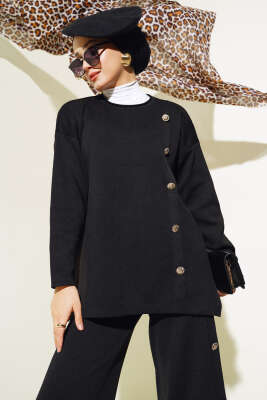 Düğme Süslemeli Triko İkili Takım Siyah - Triko İkili Takım