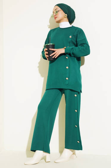 Düğme Süslemeli Triko İkili Takım Zümrüt - İkili Takım