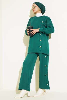 Düğme Süslemeli Triko İkili Takım Zümrüt - Triko İkili Takım