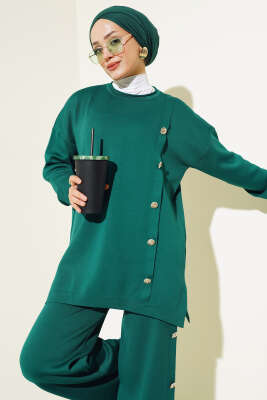 Düğme Süslemeli Triko İkili Takım Zümrüt - Triko İkili Takım