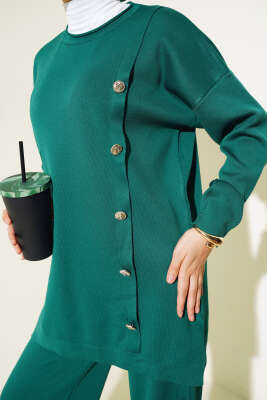 Düğme Süslemeli Triko İkili Takım Zümrüt - Triko İkili Takım