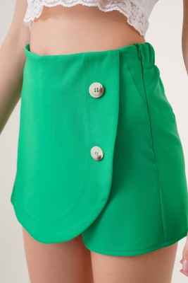 Düğme Süslemeli Yeşil Şort Etek - Thumbnail