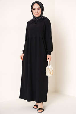 Düğme Yakalı Bürümacük Elbise Siyah - TEGOE
