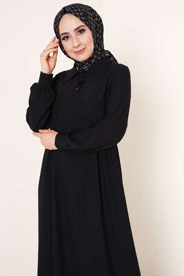 Düğme Yakalı Bürümacük Elbise Siyah - Tesettür Elbise