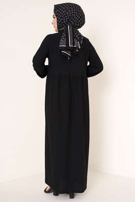 Düğme Yakalı Bürümacük Elbise Siyah - Tesettür Elbise