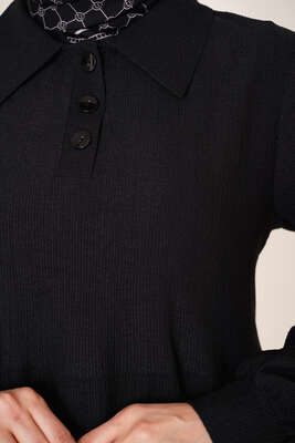 Düğme Yakalı Bürümacük Elbise Siyah - Tesettür Elbise