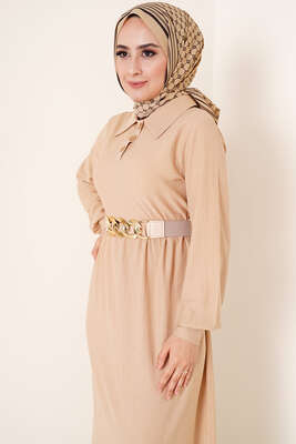 Düğme Yakalı Bürümcük Elbise Bej - Tesettür Elbise