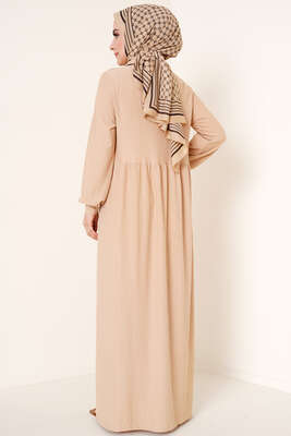 Düğme Yakalı Bürümcük Elbise Bej - Tesettür Elbise
