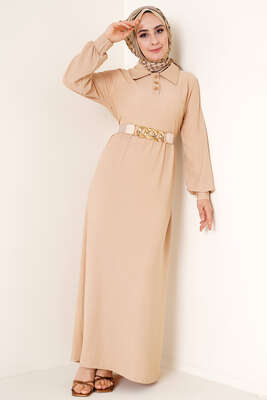 Düğme Yakalı Bürümcük Elbise Bej 