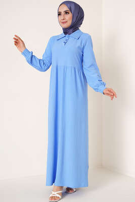 Düğme Yakalı Bürümcük Elbise İndigo - TEGOE