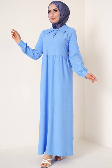 Düğme Yakalı Bürümcük Elbise İndigo - Tesettür Elbise