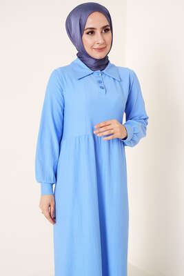 Düğme Yakalı Bürümcük Elbise İndigo - Tesettür Elbise