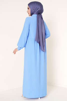 Düğme Yakalı Bürümcük Elbise İndigo - Tesettür Elbise