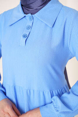 Düğme Yakalı Bürümcük Elbise İndigo - Tesettür Elbise