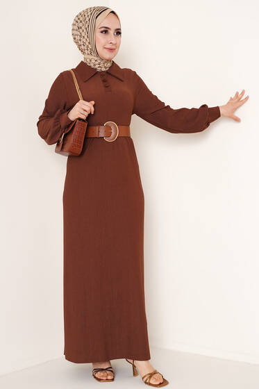 Düğme Yakalı Bürümcük Elbise Kahve - Tesettür Elbise