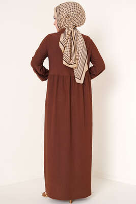 Düğme Yakalı Bürümcük Elbise Kahve - Tesettür Elbise