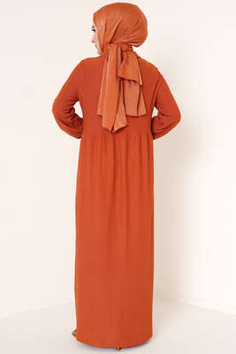 Düğme Yakalı Bürümcük Elbise Taba - Tesettür Elbise