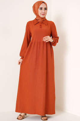 Düğme Yakalı Bürümcük Elbise Taba 