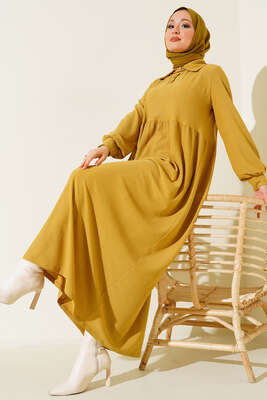 Düğme Yakalı Bürümcük Elbise Yağ Yeşili 