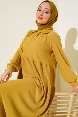 Düğme Yakalı Bürümcük Elbise Yağ Yeşili - Tesettür Elbise