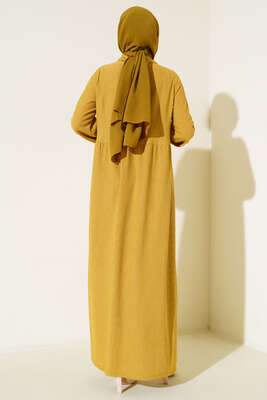 Düğme Yakalı Bürümcük Elbise Yağ Yeşili - Tesettür Elbise