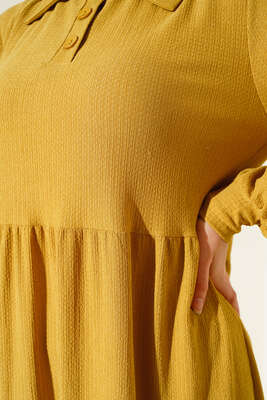 Düğme Yakalı Bürümcük Elbise Yağ Yeşili - Tesettür Elbise