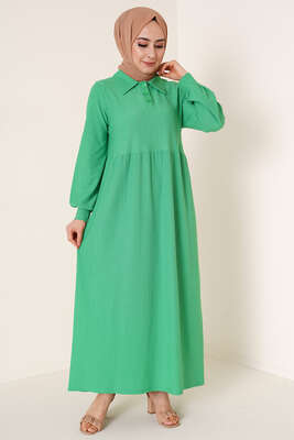 Düğme Yakalı Bürümcük Elbise Yeşil 