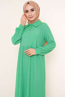 Düğme Yakalı Bürümcük Elbise Yeşil - Tesettür Elbise