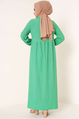 Düğme Yakalı Bürümcük Elbise Yeşil - Tesettür Elbise